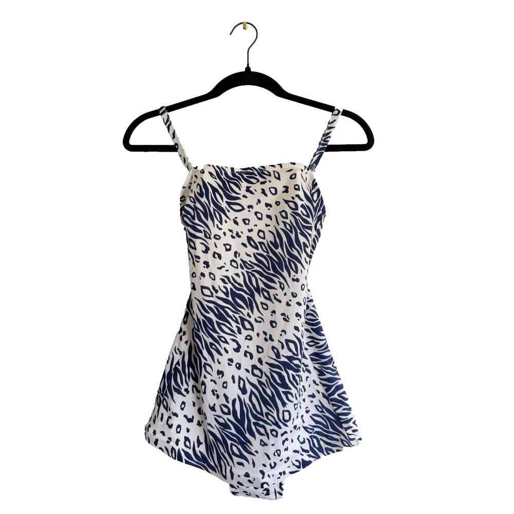 Vintage Swim Dress Women 12 Blue White Animal Print Zebra Retro Skirted Swimsuit